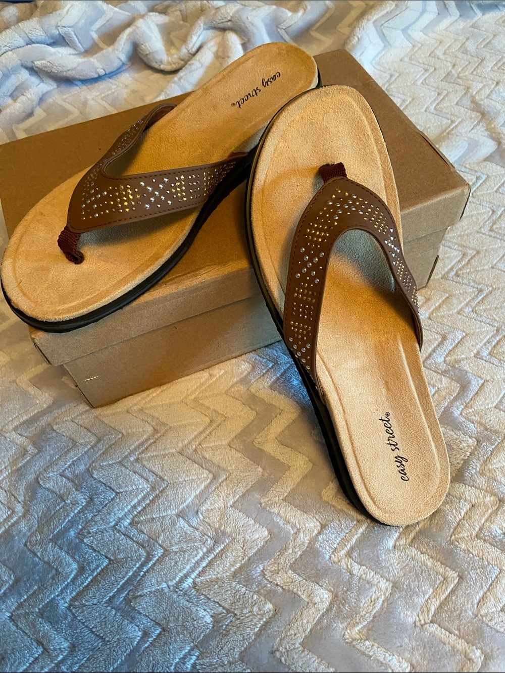 easy street Brown Detailed Thong Sandals